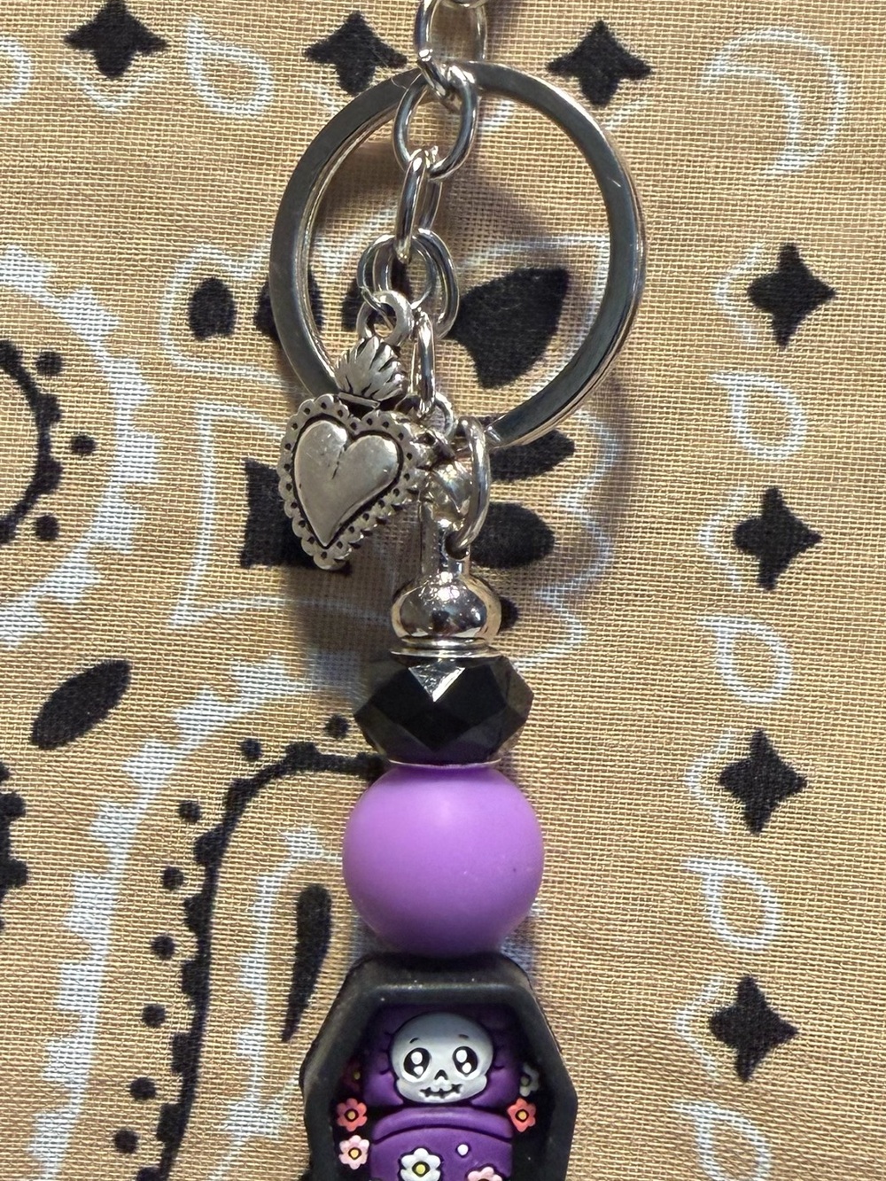 Handmade Purple Skull Bead Keychain with Heart Charm